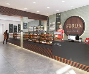 Diseño Interior Moderno para Cafetería y Panadería, Muebles Personalizados para Exhibición de Pan y Pastelería, Madera de Nogal y Metal Negro, Equipamiento Completo para Panadería - Product Image 3