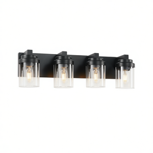 Applique murale de salle de bain 4 lumières en fer noir mat, abat-jour en verre transparent, style industriel, lampe de miroir, lumière blanc chaud - Product Image 1