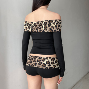 Conjunto de Dos Piezas con Estampado de Leopardo Y2K para Mujer, Top Corto Sexy de Manga Larga con Hombros Descubiertos y Pantalones Cortos, Ropa de Club, Estilo Baddie de Instagram, Atuendo Ajustado - Product Image 3