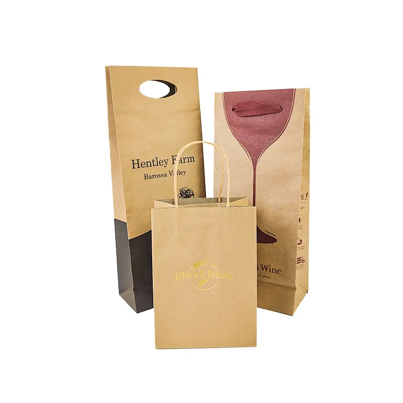 Custom stand up kraft paper bags with thank you wine bag washable durable gift paper with handles bags for sale