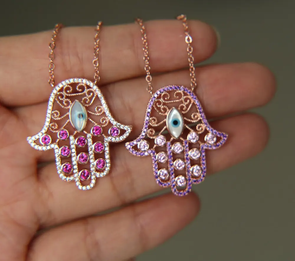 2023 fashion wholesale MOQ 1 PCS turkish jewelry pave purple ruby pink zirconia hamsa hand pendant necklace