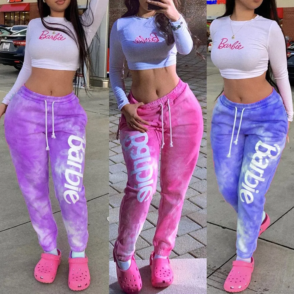 Kravat boya moda 2022 Streetwear pembe Joggers kadın İpli Sweatpants spor giyim kadın kırpma üst ve koşu pantolonları