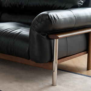 mid century JO black top grain oil wax leather solid wood frame sofa for small living room - Product Image 2
