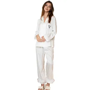 Female Pajamas Suit for Women Nightwear Satin Plush Sleeves OEM ODM Prints Elastic Waist Sleepwear Button Loungewear Pj Sets