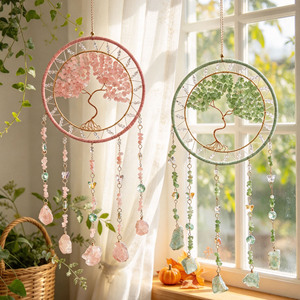 Venta al por mayor de colgantes de atrapasueños y campanas de viento artesanales de alta estética con chips de piedra, rodajas de ágata y árbol de la vida; para el hogar. - Product Image 3