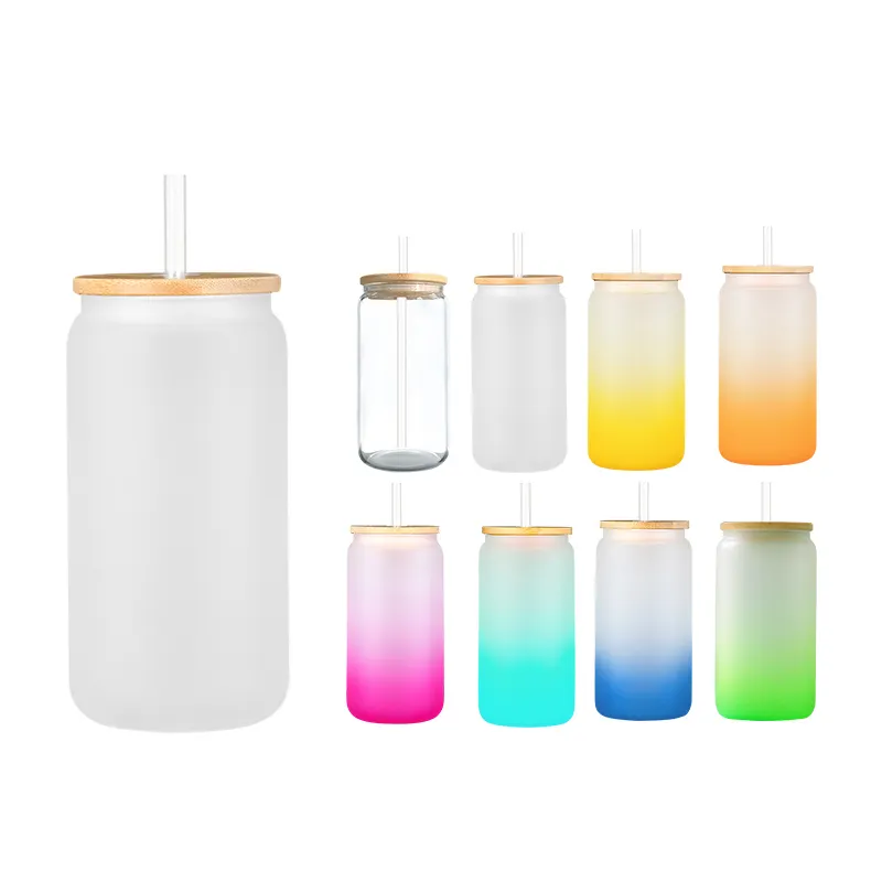 Wholesale 12oz 16oz 20oz Clear Frosted Water Sublimation Blanks Beer Mug Can Glass Tumblers with Bamboo Lid and Straws