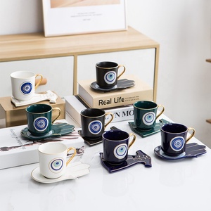 Turkish Ottoman Blue Eyes Pattern with <b>Gold</b> Handle Afternoon Tea Coffee Cup and Saucer - Product Image 1