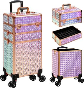 Chariot de maquillage roulant en aluminium 3-en-1 - Chariot de beauté professionnel résistant à l'<span class=keywords><strong>eau</strong></span> et robuste, grande capacité de rangement pour salons - Product Image 1