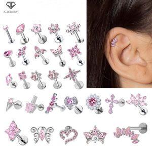Perhiasan Fashion Titanium ASTM F136 Bunga Merah Muda Tindik Tubuh Labret Helix Lobe Anting Zirkon - Product Image 1