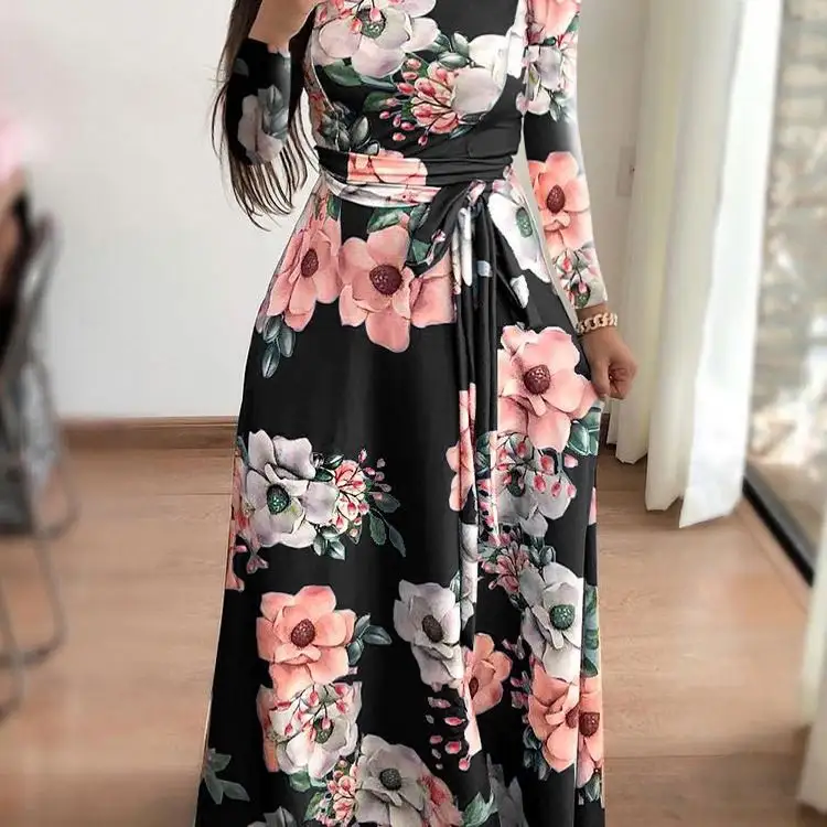 Vestido de festa feminino, vestido feminino para primavera com estampa floral e manga comprida, cinto alto, elegante, casual, para senhoras