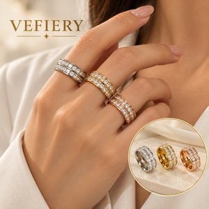 Wholesale Gold Plated Triple <b>Row</b> Zircon Stainless Steel Statement Band Ring for Women - Product Image 2