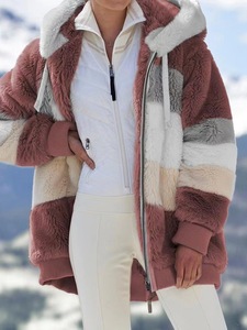 Femmes rétro mince Blazer à manches longues grande taille polaire <span class=keywords><strong>veste</strong></span> en peluche lapin hiver université fermeture éclair à capuche Parkas Patchwork - Product Image 2