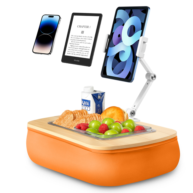 Portable Adjustable Height Soft Tablet & Laptop Stand with Wood Surface for Bed Sofa Desktop Use