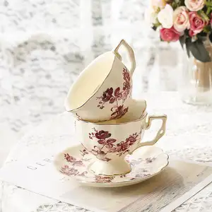 Vintage Ceramic Afternoon Tea Pot Set French Retro Flower Gold Rim English Teapot Coffee Cup Saucer Set