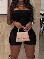 Combinaison Courte Moulante Noire Grande Taille pour Femme, Dos Nu à Lacets, Sans Bretelles, Sexy, pour Soirée et Club, Vente en Gros Personnalisée