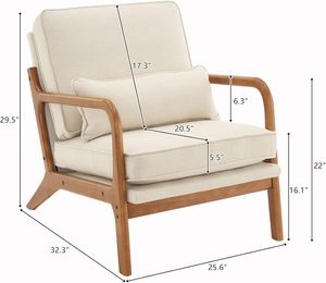 Fauteuil d'appoint moderne du milieu du siècle, rembourrage doux, cadre en bois massif, dossier solide - Salon, chambre à coucher, balcon, beige - Product Image 2