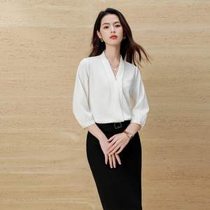 Maroon Chiffon Blouse Three Quarter Sleeve V Neck Korean Style Office Wear Women's Top Midi Skirt Set Simple Fashion - Product Image 4