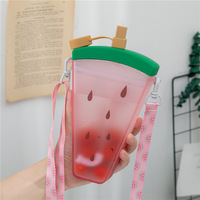 Functionele schattige kinder schoolfles met fruitvormig rietje, plastic watermeloen vorm, met afneembare riem en deksel voor buitengebruik