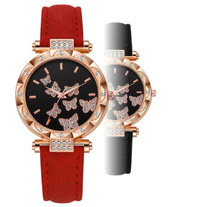 <span class=keywords><strong>Montre</strong></span> de luxe pour femmes avec bague en papillon et diamant bon marché <span class=keywords><strong>Montre</strong></span> pour femmes décontractée noire à la mode avec bracelet en cuir - Product Image 3