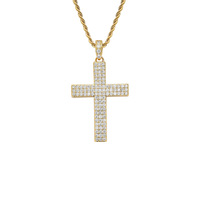 Usine vente chaude véritable placage à l'or hip hop en laiton avec trois rangées bling zircon croix pendentif collier
