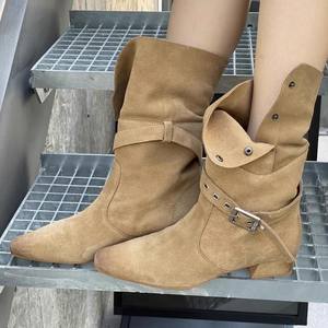 Bottes de cowboy rétro style western, portables de 2 façons, avec boucle de ceinture fine, talon carré, bottes courtes pour femme, bottes de chevalier - Product Image 2