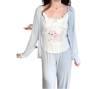 Conjunto de Pijama Largo de Verano para Mujer, Manga Larga, Cuello Redondo, Tejido de Punto de Poliéster/Algodón, 220g, Ecológico, Samwestart - Product Image 1