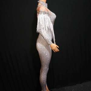 Summer Club Wear Fashion Luxury Long Sleeve Summer Playsuit Glitter Crystal Fringe Bodysuit Women For Celebrity Party - Product Image 3