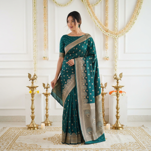 Sari en soie verte AARA Fashion avec bordure dorée Zari, motifs floraux, tenue traditionnelle indienne pour mariage, protection solaire pour femmes - Product Image 1