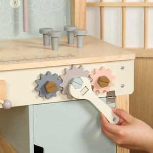 Banc d'atelier en <span class=keywords><strong>bois</strong></span> bleu brume pour enfants avec outils de jeu d'imitation pour le bricolage et les jeux de rôle - Product Image 3