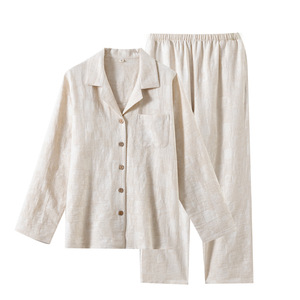 Pijamas de Lino y Algodón de Color Sólido Simple, Traje de Verano Delgado para Parejas, Ropa de Dormir para Hombre y Mujer con Cintura Elástica - Product Image 5