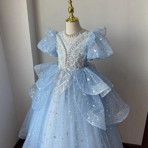 Abito da ballo per bambine 2026 con paillettes, in tulle azzurro, stile <span class=keywords><strong>principessa</strong></span>, con maniche a sbuffo e ricami, abito formale da festa, abito da concorso per bambini - Product Image 2