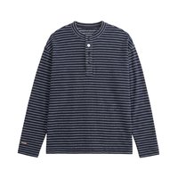 Kaos Henley Pria Lengan Panjang Bergaris Kancing Depan Vintage Kasual Ukuran Besar dan Tinggi Plus Size Oversized Relaxed Fit 6XL 7XL