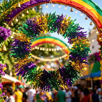 Guirlande de Mardi Gras en Tinsel, Rond, Violet, Or, Vert, Décoration Suspendue pour Porte, Mur, Fête, Carnaval