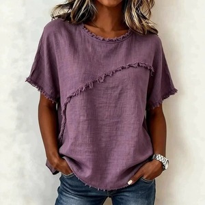 T-shirt bohème en lin pour femme, col rond, manches courtes, coupe ample, franges asymétriques, couleur unie, design simple, surdimensionné - Product Image 2