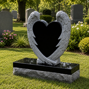 Heart Shape Angel Wings Headstone Black Granite Base Cemetery Monument European Style Traditional Design - Product Image 3