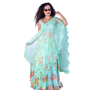 Set Lehenga con Design Floreale Verde Mare - Product Image 3
