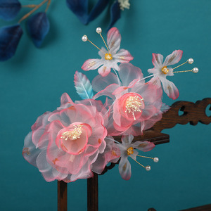 24 nouveaux accessoires de coiffure Hanfu faits à la main, design original, avec des pinces à cheveux en soie simulée rose et des fleurs en feuille d'or - Product Image 2