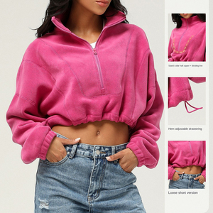 SHINBENE Women's Fuzzy Fleece Cropped Jacket Half Zip Fluffy Sherpa Coat Winter <strong>Teddy</strong> <strong>Hoodie</strong> With Long Sleeves - Product Image 2