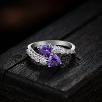 Bague de Fiançailles et de Mariage QX Personnalisée OEM en Argent Sterling 925 avec Double Cœur en Zircon Cubique Violet 8A pour Femme