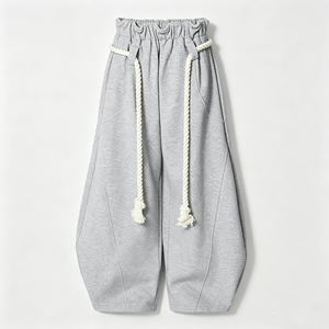 Pantalon de survêtement sarouel gris pour femme, taille élastique à volants avec cordon de serrage tressé épais, pantalon ballon ample et décontracté pour le quotidien - Product Image 1