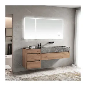 Mueble de baño moderno para hotel, mueble de tocador con rejilla de maquillaje, mueble lateral, gris, mármol natural, lavabo, madera de roble
