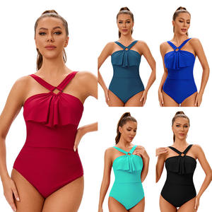 Elegante traje de baño de talla grande para mujer europea americana, ropa de playa de una pieza, corte trasero Sexy, patrón sólido, bloque de Color - Product Image 1