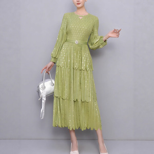 Vestido Midi Miyake Plisado de Línea A, Casual, Vintage, con Estampado de Lunares, Manga Farol y Cintura Holgada para Mujer, <span class=keywords><strong>Venta</strong></span> Directa de Fábrica - Product Image 4