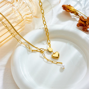 European American Style Heart Pendant Necklace Stainless Steel Gold Tone Pearl Blue Stone Chain Gift Jewelry N2260 - Product Image 2
