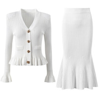 Nouvel ensemble décontracté pour femme : cardigan en maille boutonné polyvalent et tendance + jupe mi-longue à queue de poisson