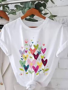 T-shirt corta con motivo a cuore colorato per donne di taglia grande, girocollo, maniche corte, stile vintage, per vacanze, primavera ed estate - Product Image 3