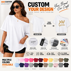 Custom Logo Women Oversized off Shoulder Casual Breathable T <b>Shirt</b> Organic Cotton Blend Loose Fit Asymmetric Wholesale - Product Image 2