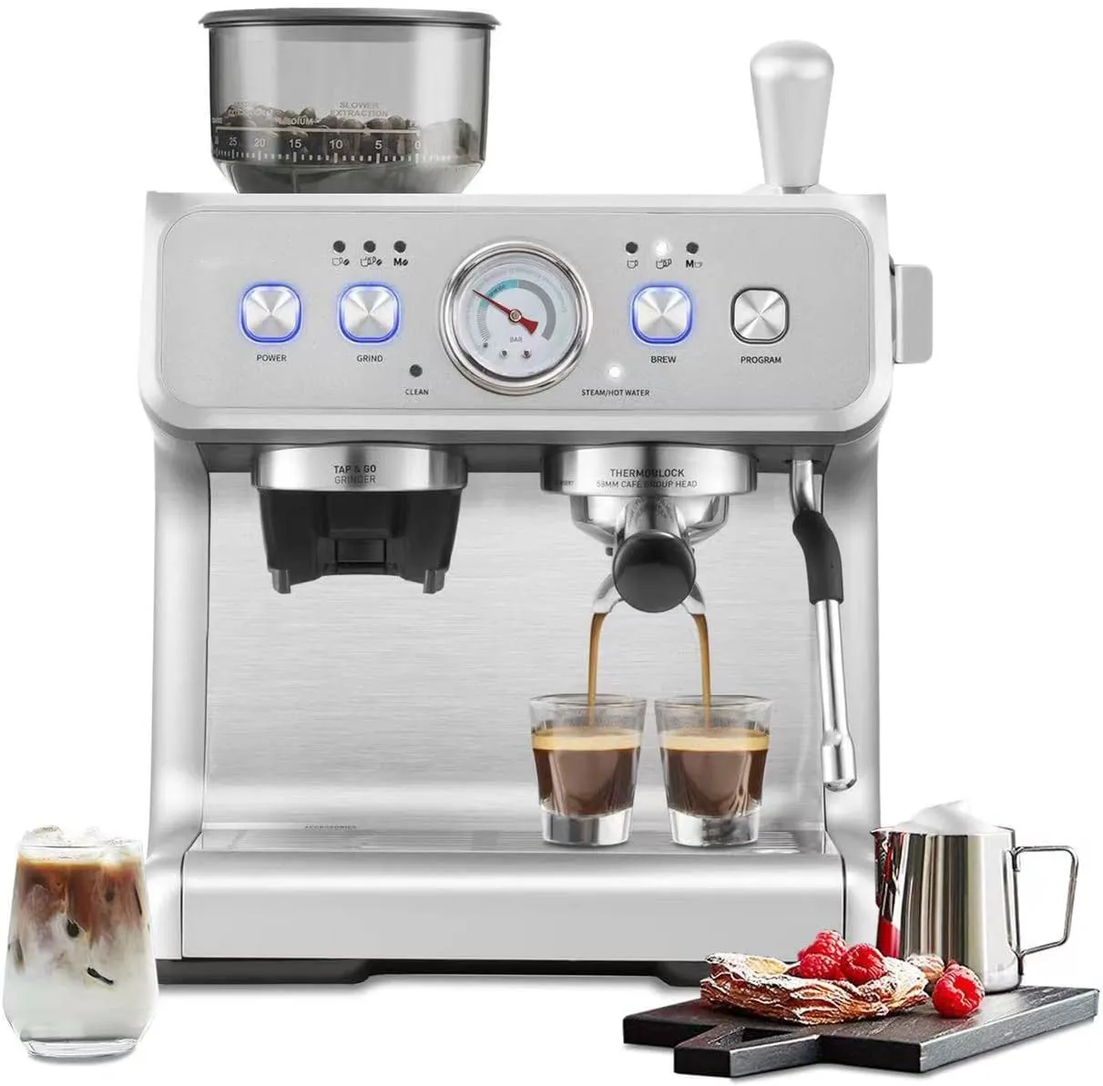 Mesin Espresso dengan Grinder-20 Bar Dual Boiler Mesin Kopi Otomatis dengan Milk Frother Wand untuk Cappuccino