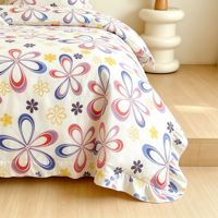 Parure de lit florale colorée à volants, imprimé floral, douce et agréable pour la peau, 4 pièces (housse de couette, taies d'oreiller, drap) – Vente en gros, style simple