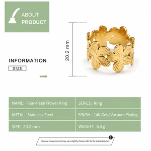 Anillo de Acero Inoxidable con Cuatro Pétalos de Flor, Chapado al Vacío en Oro de 14K, Banda Floral Ancha en Colores Dorado y Plateado - Product Image 3
